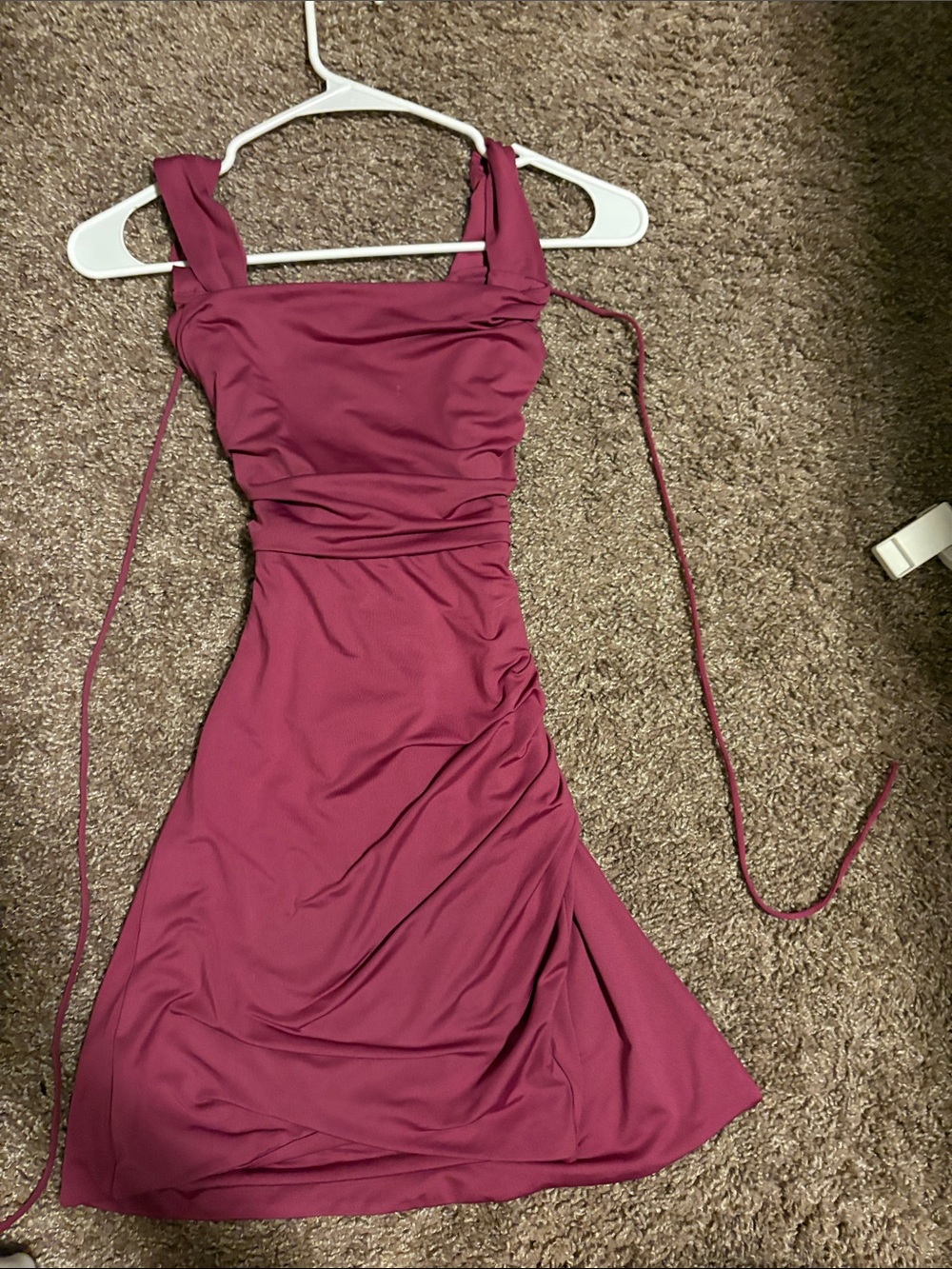 Ruched Burgundy Square-Neck Dress( Tie in the back/slit in the front)
